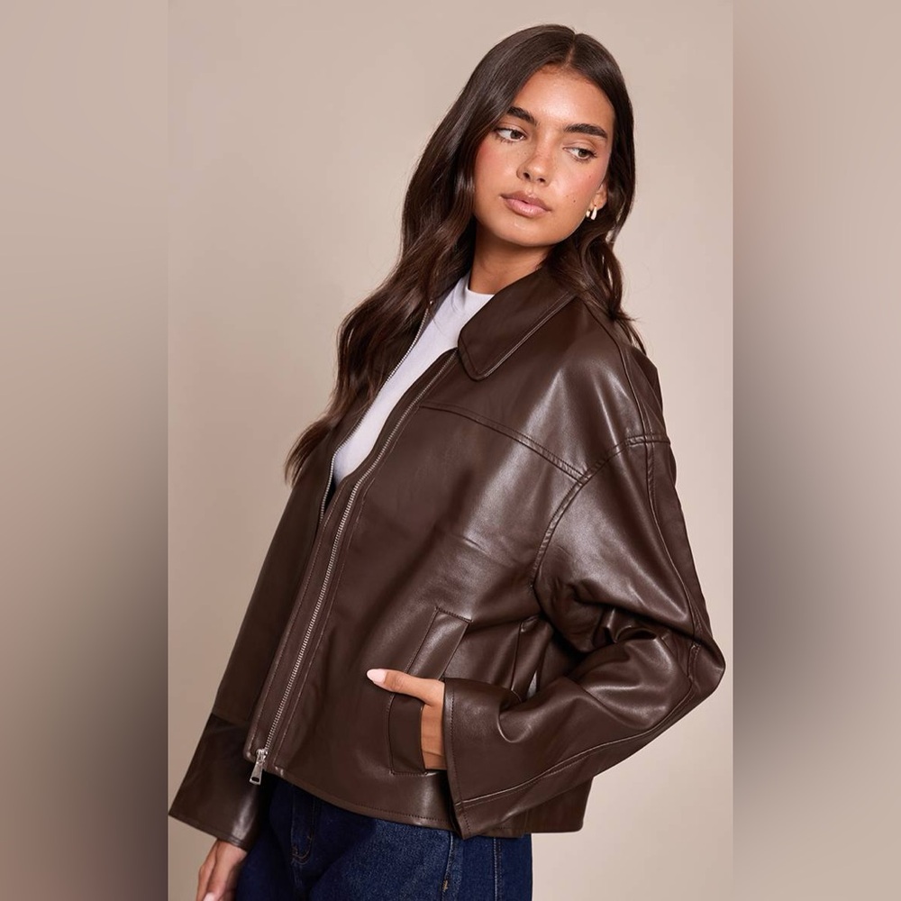 Pretty little thing brown zip through faux leather jacket size s NWT